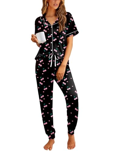 Ekouaer Women Pajama Set Short Sleeve Button Down Pjs with Jogger Pants - color: Black Cherry, size: Small