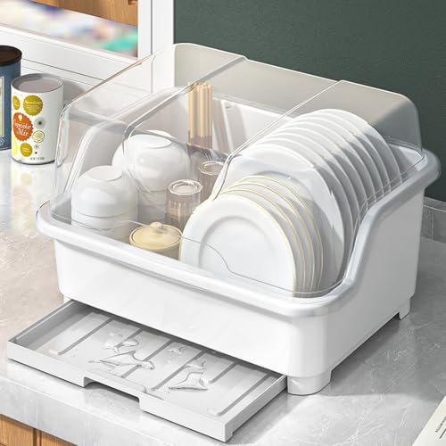 Plastic Dish Drying Rack with Clear Cover Lid, Dust-Proof