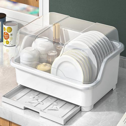 Plastic Dish Drying Rack with Clear Cover Lid, Dust-Proof