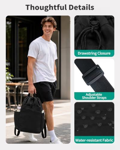 Drawstring Backpack with Shoe & Wet Compartments, Cup & Ball Holders, Black - color: Black