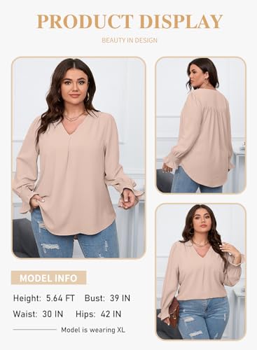 Eytino Women's Plus Size Long Sleeve Tops V Neck Chiffon Blouse - color: Apricot, size: 2X