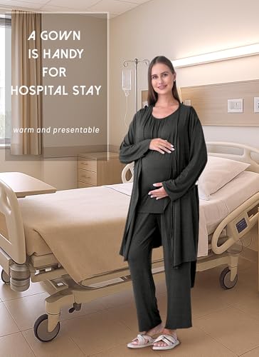 Rnxrbb 3 PCS Nursing Pajamas Robe Set Maternity Postpartum Pjs for Hospital - color: Deep Gray, size: Medium