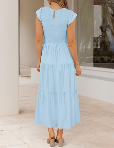 ZESICA Women's 2026 Summer Casual Flutter Short Sleeve Smocked Midi Dress - color: Blue, size: Large