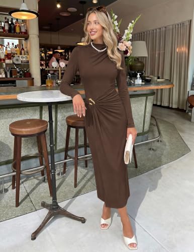 ZESICA Womens Fall Long Sleeve Wedding Guest Midi Dresses - color: Brown, size: Small