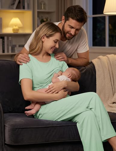 Ekouaer 3 Pack Postpartum Nursing Pajamas Breastfeeding Maternity Clothes - color: Light Green, size: Medium