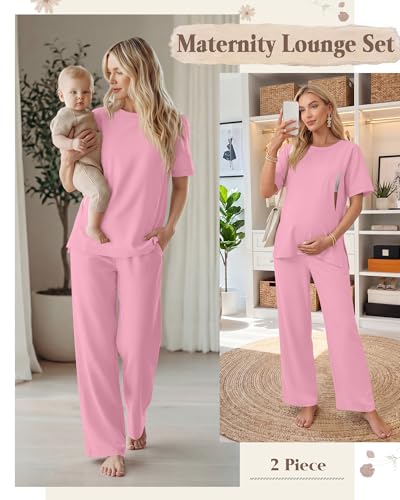 2Pc Postpartum Nursing Pajamas Set - color: Pink, size: Small