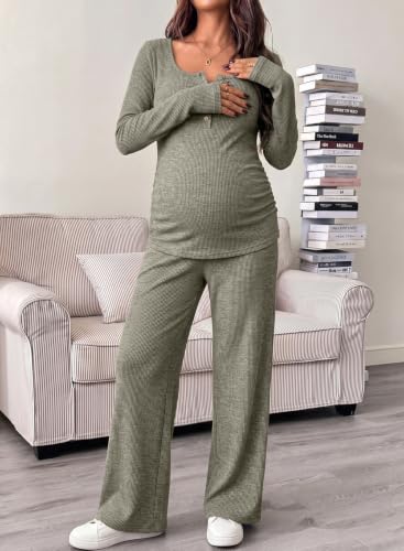 BLENCOT Maternity Clothes Ribbed Long Sleeve Sets Button 2 Piece Outfits - color: Green, size: X-Large