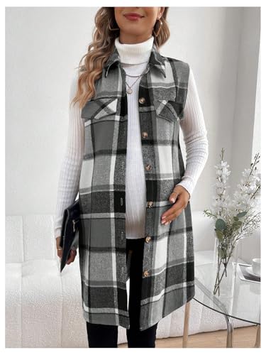 MakeMeChic Women's Maternity Plaid Flannel Vest Collared Pregnancy Coat - color: Black and White, size: Large