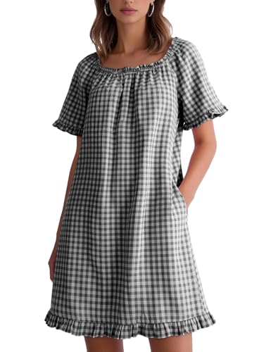 Flygo Womens Gingham Nightgown Cotton Pullover House Dress with Pockets - color: Black, size: Small