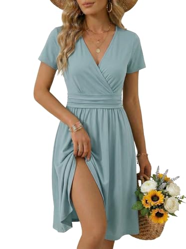 OUGES Casual Summer Dress for Women Wrap V Neck A Line Midi Dresses with Pockets - color: Blue, size: Large