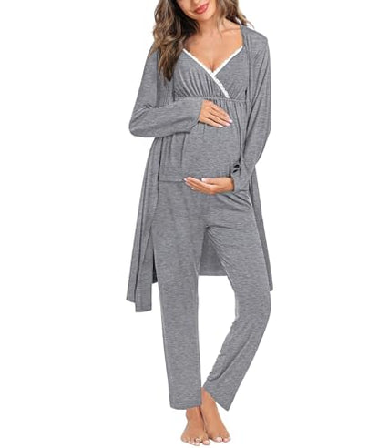 SWOMOG Maternity Nursing Robe Set 3 Piece Breastfeeding Pajamas 3 in 1 Labor Delivery Sleevless Tops&Long Pants Pregnancy Pjs - color: Grey, size: Medium