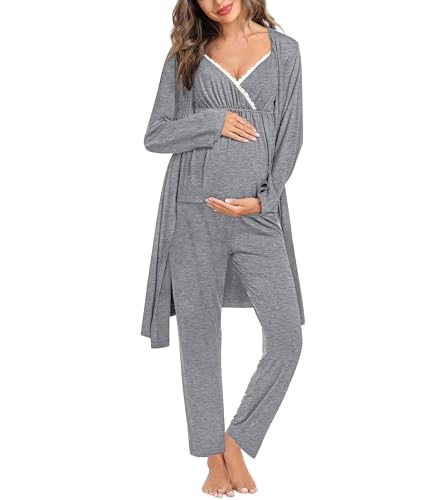 SWOMOG Maternity Nursing Robe Set 3 Piece Breastfeeding Pajamas 3 in 1 Labor Delivery Sleevless Tops&Long Pants Pregnancy Pjs - color: Grey, size: Large