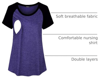 Quinee Womens Short Sleeve Maternity Nursing Tops Raglan Breastfeeding Shirts - color: Purple Black2, size: Small