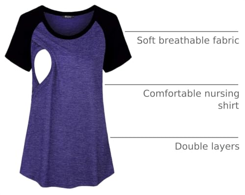 Quinee Womens Short Sleeve Maternity Nursing Tops Raglan Breastfeeding Shirts - color: Purple Black2, size: X-Large