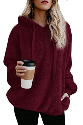 ReachMe Womens Oversized Sherpa Hoodie Pullover Fleece Sweatshirt - color: A Burgundy, size: Medium