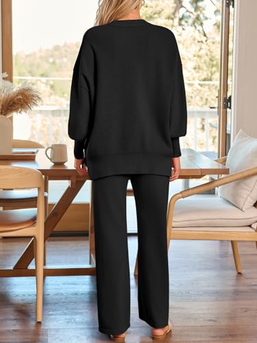 LILLUSORY Women 2 Piece Matching Lounge Sweater Sets 2026 Fall Outfit - color: Black, size: Medium
