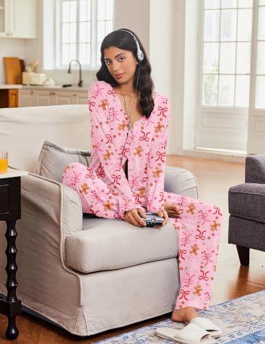 Ekouaer Womens Pajama Sets Button Up Long Sleeve Lounge Set Soft V Neck Pj - color: Chrismas Bow, size: XX-Large