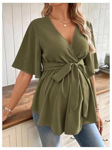 MakeMeChic Women's Maternity Nursing Blouse Wrap Belted Pregnancy Shirt - color: Dark Green, size: Medium