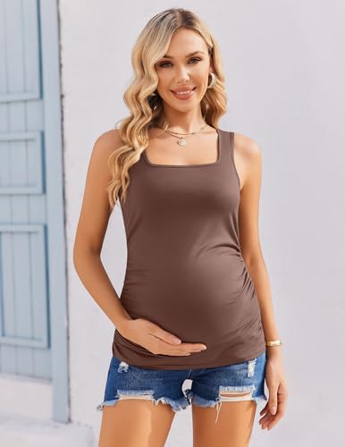 Ekouaer 3 Pack Maternity Tank Tops Square Neck Maternity Shirts - color: Brown/Black/White, size: Medium