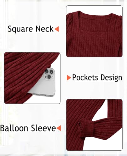 CzzzyL Womens Nursing Fall Dresses Square Neck Knit Sweater with Pockets - color: Red, size: X-Large
