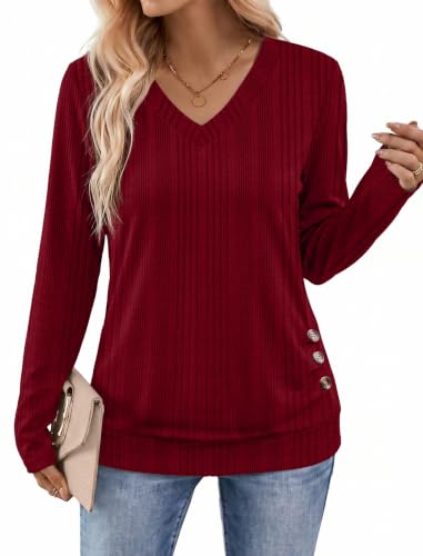 Sampeel V Neck Long Sleeve Shirts Button Side Sweaters Color Block Tops - color: Burgundy, size: Medium