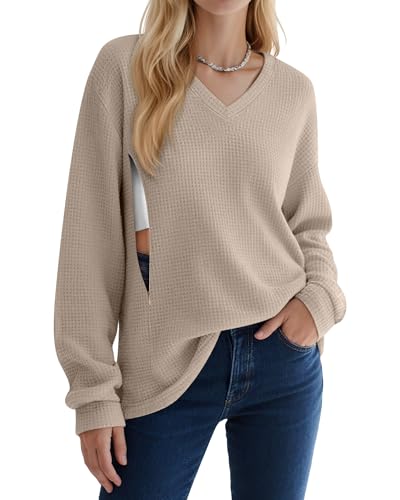 Women’s Waffle Knit Nursing Shirts Regular Fit - color: Khaki, size: Small