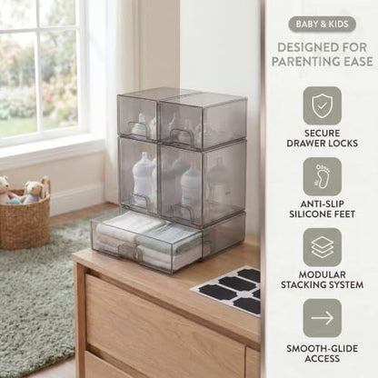 5 pack baby bottle storage organizer - clear acrylic stackable storage drawers with handles for baby bottles, kitchen countertop, pantry and vanity