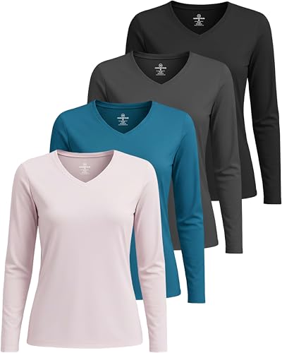 Real Essentials 4 Pack: Women's Long Sleeve Dry Fit V-Neck T-Shirt - Active Athletic Workout Gym Top (Plus Available) - color: Set 6, size: Medium