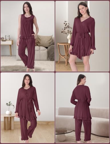 SUNNYBUY 3 PCS Ruffle Maternity Nursing Pajamas Set & Robe for Postpartum - color: Burgundy, size: XX-Large