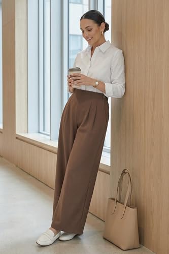 OUGES Women's Linen Maternity Pants Casual Work Adjustable Waist Straight Leg Business Office Trousers with Pockets - color: Dark Brown, size: X-Large