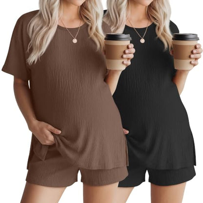 Riyiper 4 Pcs 100% Cotton Maternity Pajamas Sets - color: Light Brown, Black, size: XX-Large
