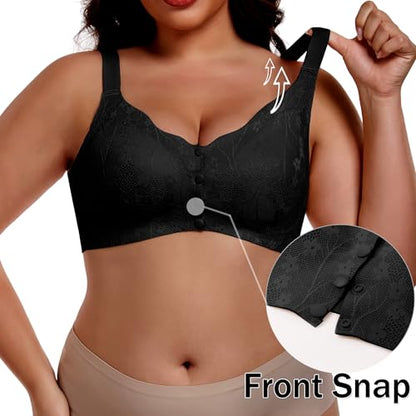 IWOLLENCE Womens Front Snap Closure Daisy Bras Soft Seamless Wireless Lace Bralettes Comfort Full Coverage Bra - color: Black, size: Large