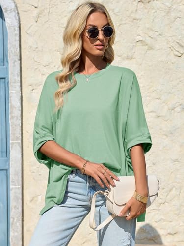 Tankaneo Womens Oversized Tshirts Batwing Short Sleeve Asymmetric Hem Tops - color: Green, size: Small