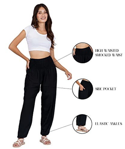 LOFBAZ Harem Yoga Pants for Women S-4XL Hippie Boho PJs Lounge Beach Print Plus - color: Solid 1 Black, size: Large
