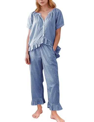 Flygo Women's Cotton Gingham Pajama Set 2 Piece Ruffle Lounge Sleepwear - color: Navy, size: Medium