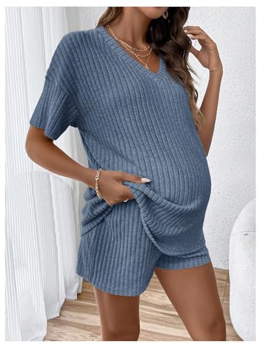 SweatyRocks Maternity 2 Piece Outfits T Shirts and Elastic Waist Shorts Set - color: Blue, size: Medium