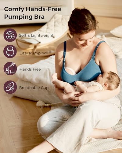Momcozy Hands-Free Pumping Bra, Breathable Tencel™ Fabric Breast Pump Bra - color: Nordic Blue, size: Medium