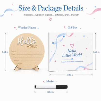 Hello World Baby Announcement Sign Newborn Welcome Plaque Box Set - color: White,Box