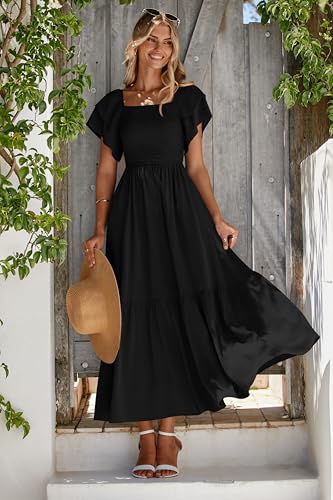 MASCOMODA Womens Summer Casual Smocked Flowy Midi Dress - color: Black, size: X-Large