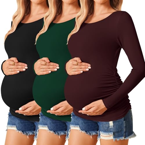 Ekouaer 3/4 Pack Womens Maternity Shirts Long Sleeve Pregnancy Tops - color: 3pcs Black / Burgundy Red / Green, size: Medium