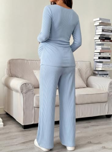 BLENCOT Maternity Clothes Ribbed Long Sleeve Sets Button 2 Piece Outfits - color: Light Blue, size: Medium