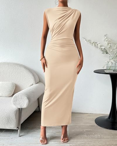 BTFBM Women Ruched Bodycon Maxi Dresses Summer Casual - color: Beige, size: Medium