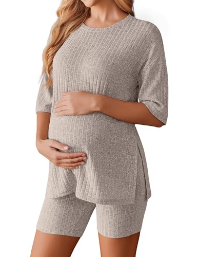 Ekouaer Maternity Sets Two Piece Outfits Ribbed Pregnancy Loungewear - color: Beige, size: Medium