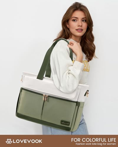 LOVEVOOK Upgrade Version Work Bags for Women 15.6 Inch Laptop Bag Large Capacity Mutiple Pockets Teacher Bag Water Resistant Canvas Tote Bag Purse for Office Travel College Nurse Teacher, Green Beige - color: Green&beige, size: Medium suitable for 15.6 in