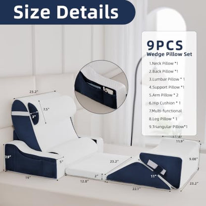 Wedge Pillow Set for After Surgery,White/Navy,9PCS-23.2" - color: White/Navy, size: 9PCS-23.2''