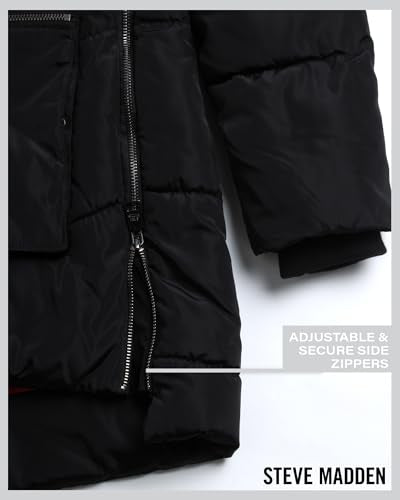 Steve Madden Womens Winter Jacket, Midlength Puffer Parka Coat, Sherpa Hood - color: Black, size: 1X