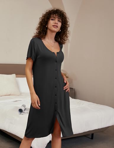 Ekouaer 3 Pack Women's Button Down Nightgowns Short Sleeve Night Shirts - color: Balck,star,leopard, size: Medium