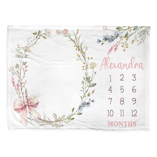Customized Flowers Milestone Blanket, Baby Girl Personalized Wildflower Gift, Soft Wildflower Baby Photo Blanket, Floral Name Newborn Blanket - color: Wildflower#12