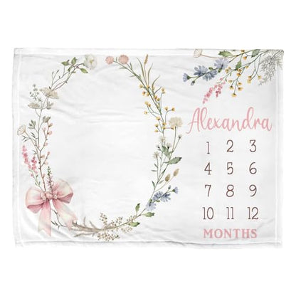 Customized Flowers Milestone Blanket, Baby Girl Personalized Wildflower Gift, Soft Wildflower Baby Photo Blanket, Floral Name Newborn Blanket - color: Wildflower#12