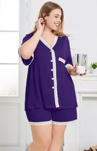 Plus Size Women Pajama Sets Button Down Lace Trim 2pcs Nightwear - color: Bright Purple, size: 3X-Large